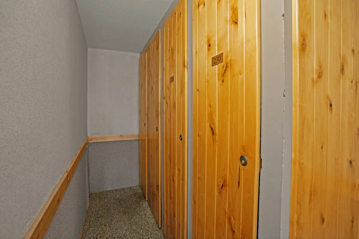A cozy interior hallway featuring wooden doors, carpeted flooring, and textured walls. The warm lighting and secure layout create an inviting transition space between the entry and the main living areas.