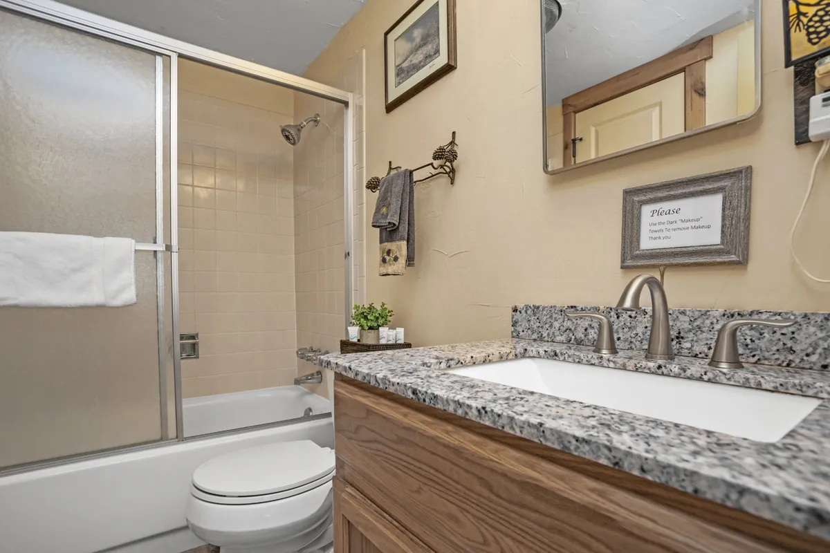A beautifully remodeled bathroom space featuring a granite countertop, a framed mirror, decorative print, and green plants. The lighting and soft decor create a sense of relaxation and comfort.